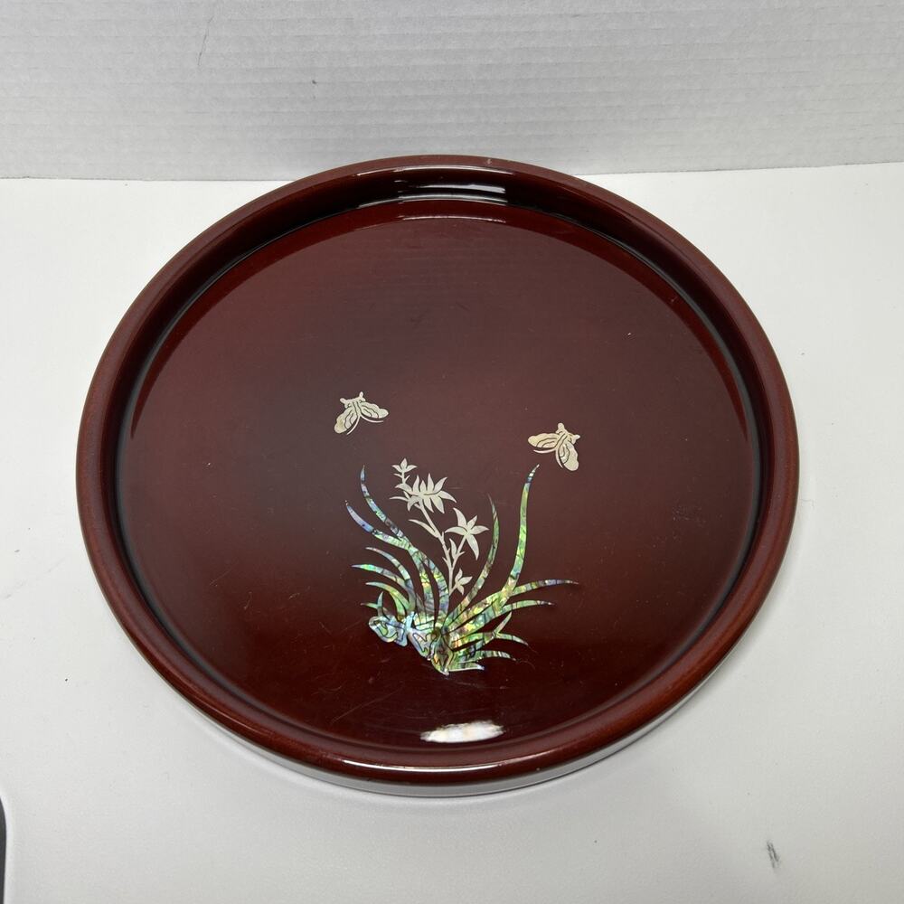 Vtg Red Lacquer Asian Round 9" Tray Mother of Pearl Inlay Butterflies Flowers